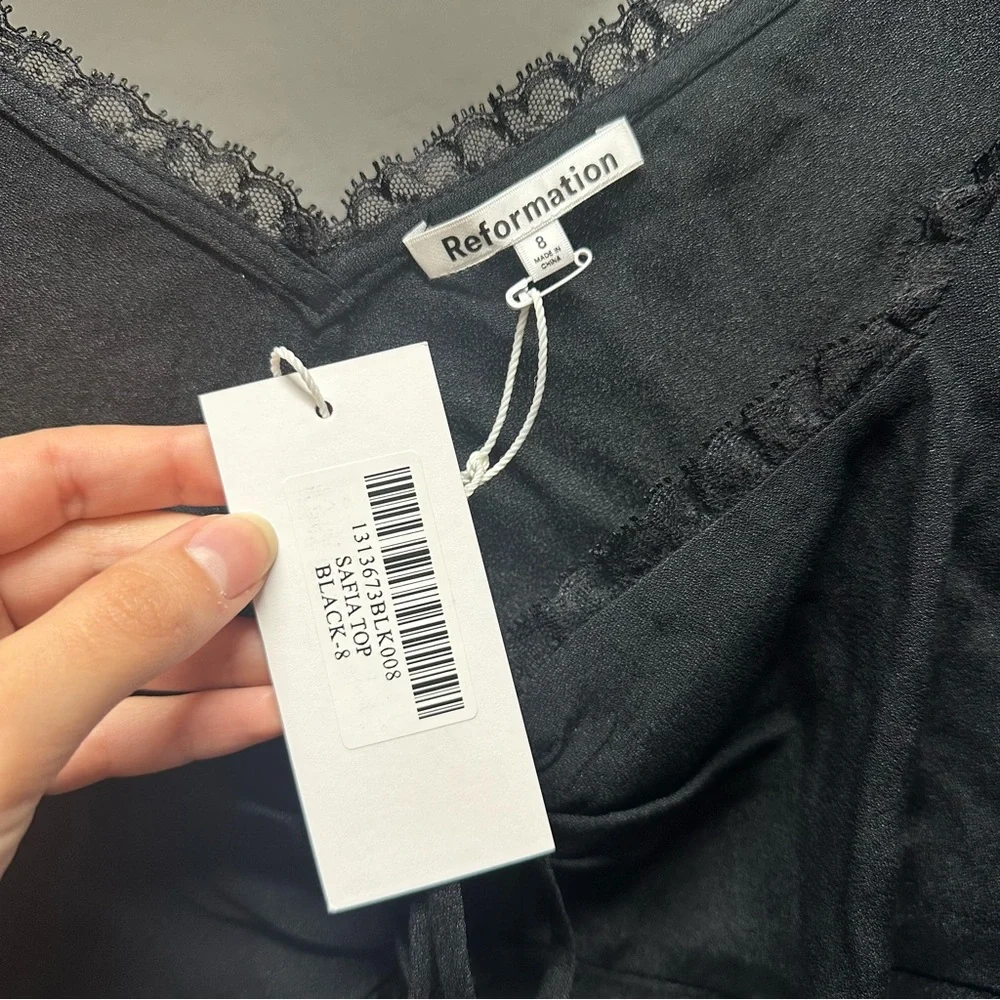 Reformation Black Lace-Trim Tie-Front Top